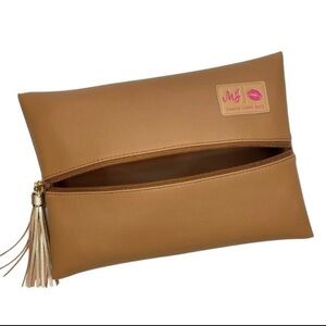 Tan Leatherette Makeup Clutch with Tassel Accent